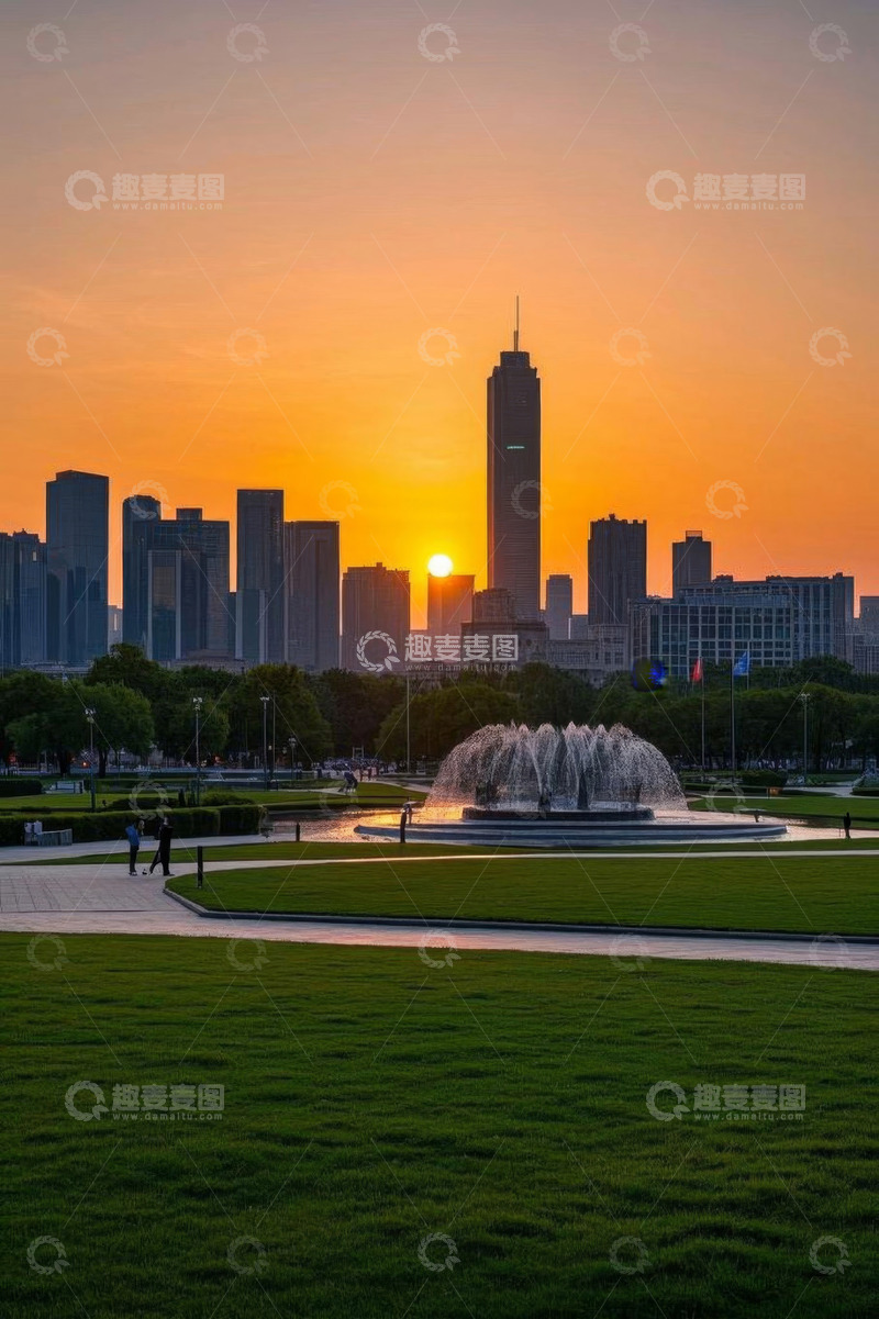 高清大图下载【趣麦麦图】城市公园日落时的喷泉景观