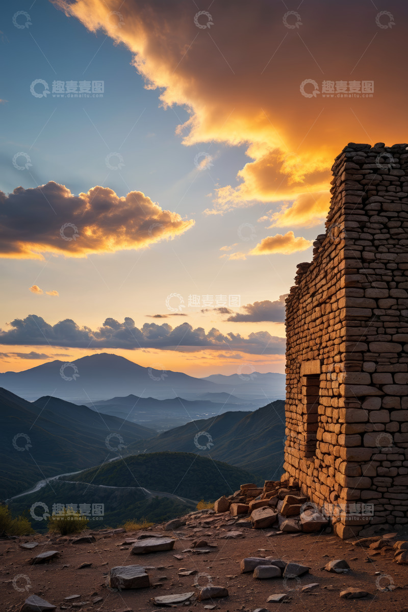高清大图下载【趣麦麦图】山间石砌建筑日落美景