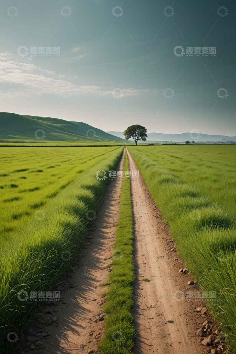 高清大图下载【趣麦麦图】田野间的乡间土路与孤树