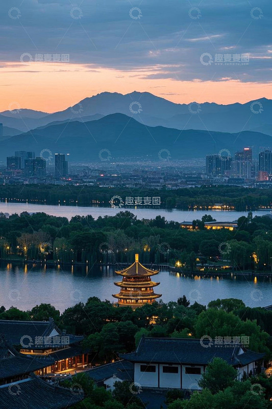 杭州西湖黄昏古建筑与城市景观