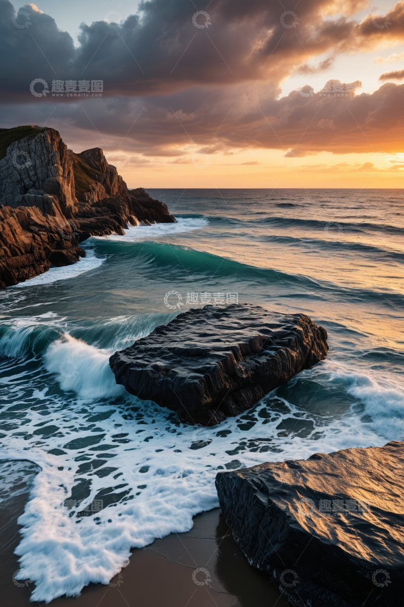 高清大图下载【趣麦麦图】海岸边夕阳下的海浪与岩石