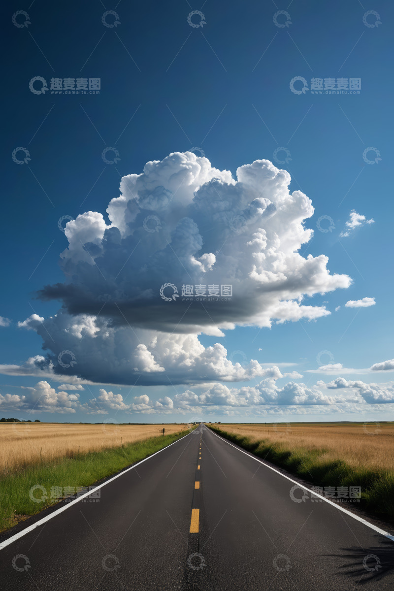 高清大图下载【趣麦麦图】田野间道路与天空中的积云