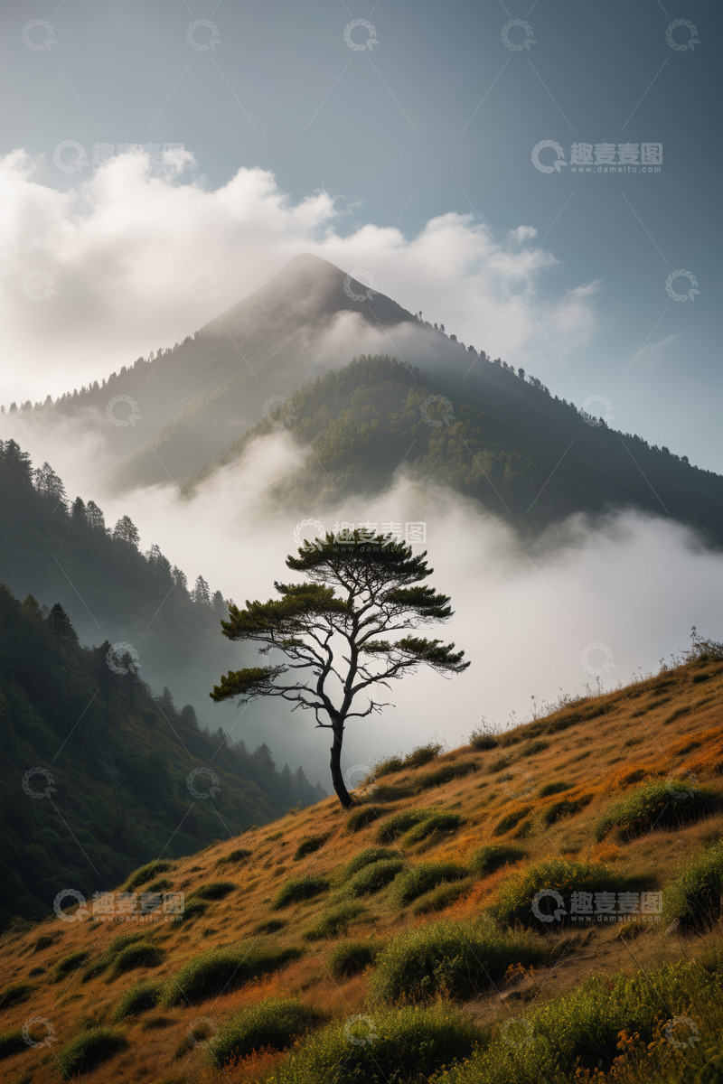 高清大图下载【趣麦麦图】山间孤树云雾缭绕景观
