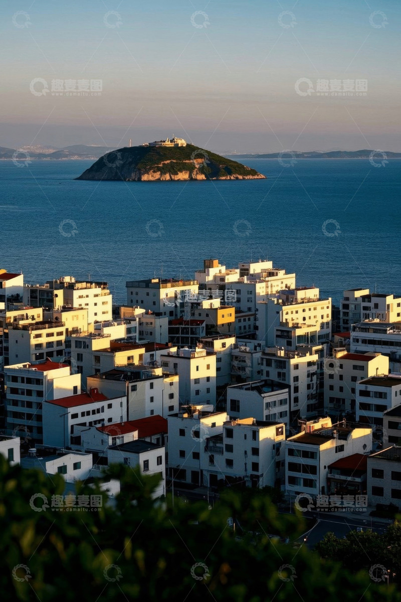高清大图下载【趣麦麦图】沿海城市建筑与海中岛屿景观