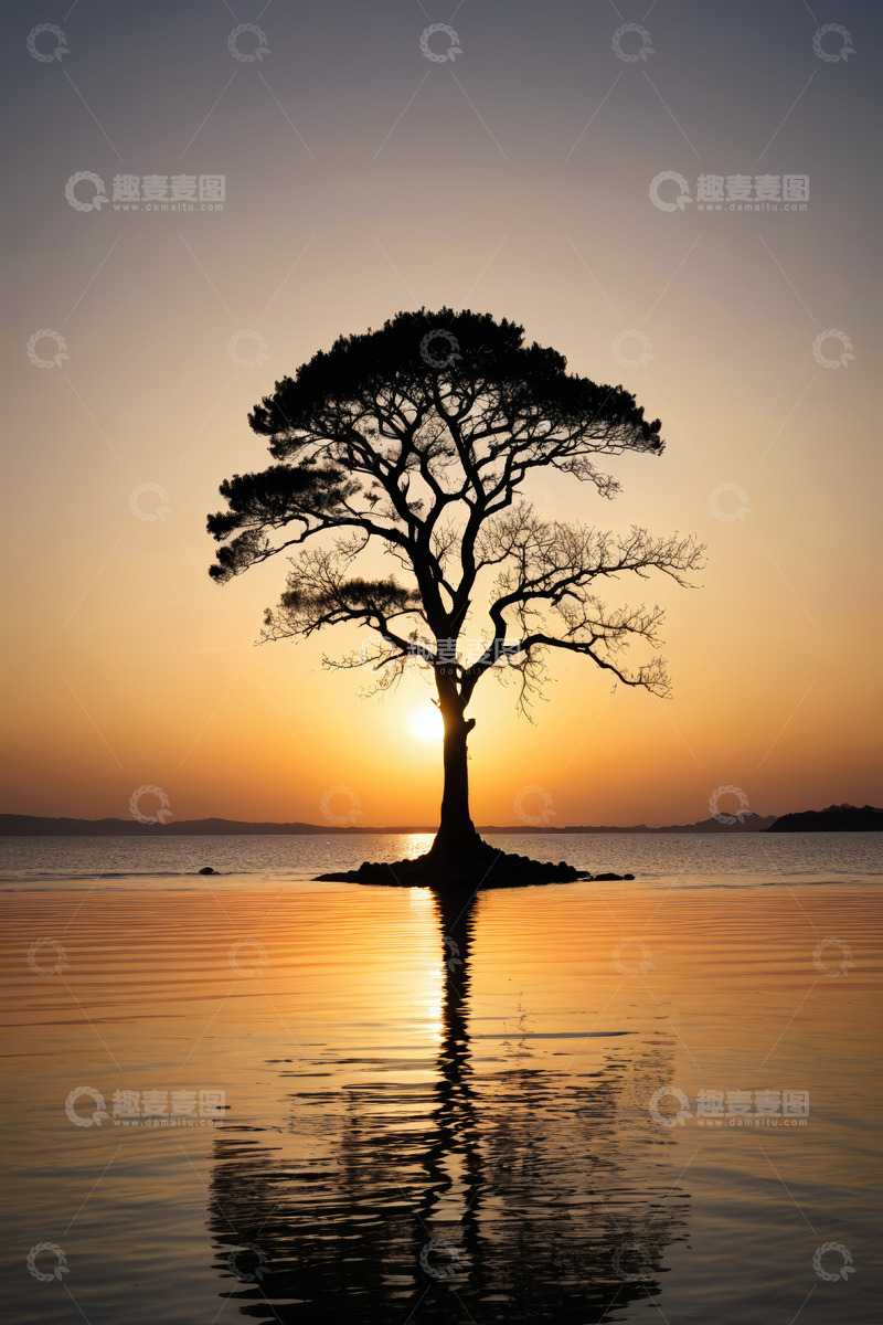 高清大图下载【趣麦麦图】夕阳下湖心孤树景观