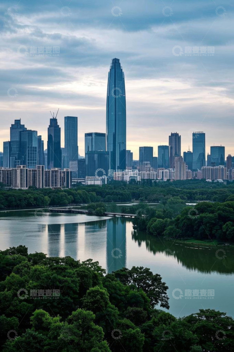 高清大图下载【趣麦麦图】城市湖畔高楼建筑群景观
