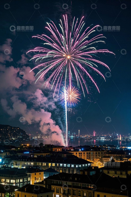 城市夜景中的绚烂烟花
