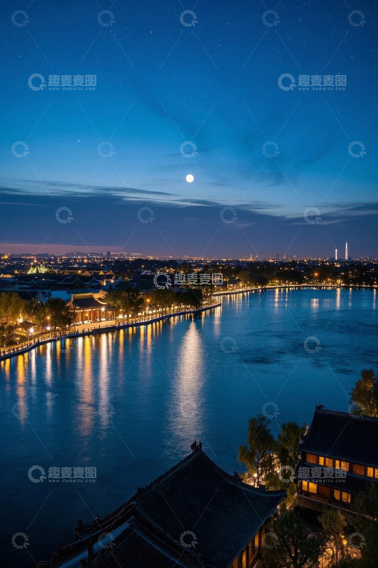 河畔古建筑月夜城市景观