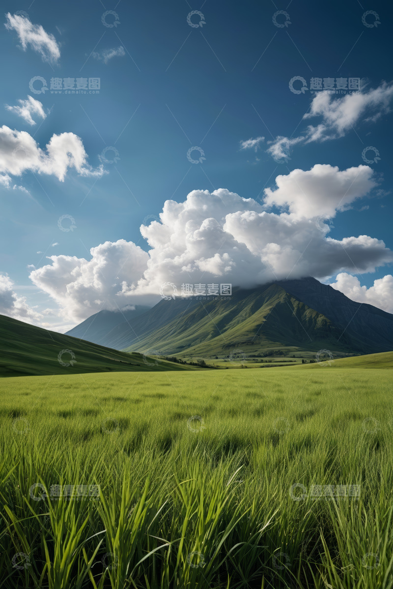 高清大图下载【趣麦麦图】绿色草原与远山蓝天白云景观