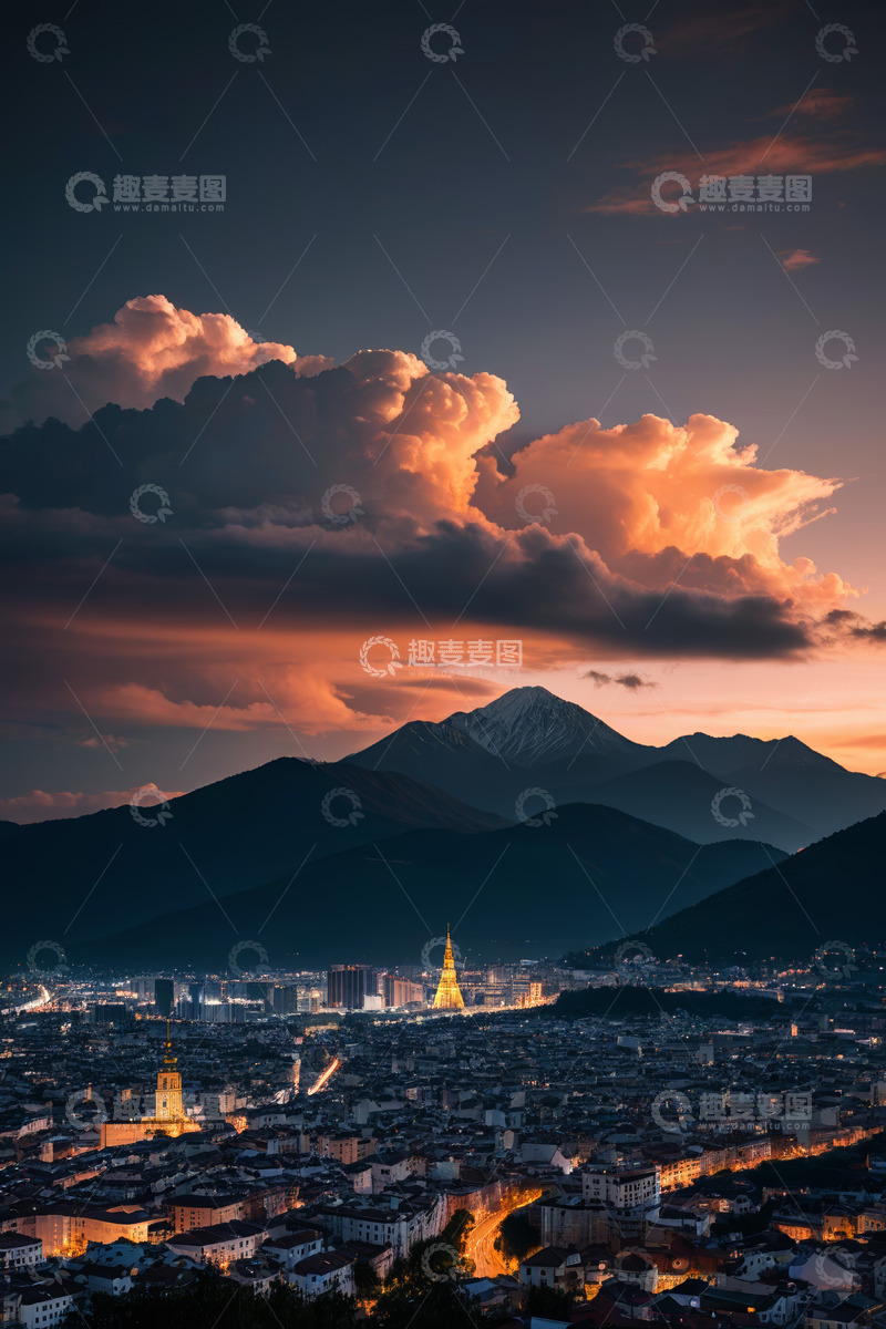 高清大图下载【趣麦麦图】城市黄昏全景与远山晚霞