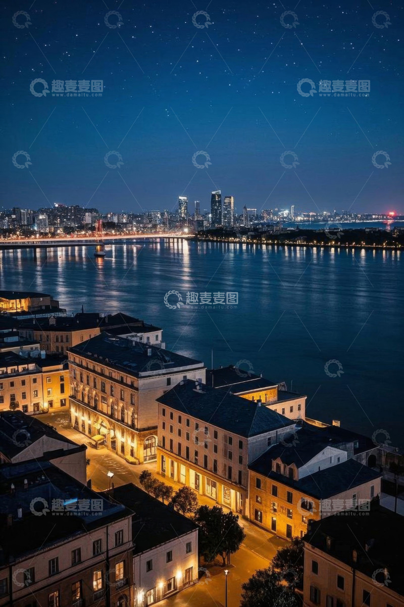 高清大图下载【趣麦麦图】城市河畔夜景俯瞰