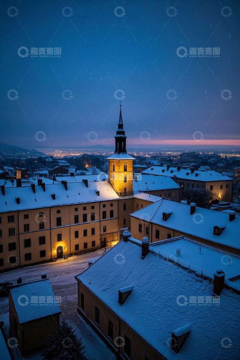 高清大图下载【趣麦麦图】雪夜中城市建筑屋顶景观