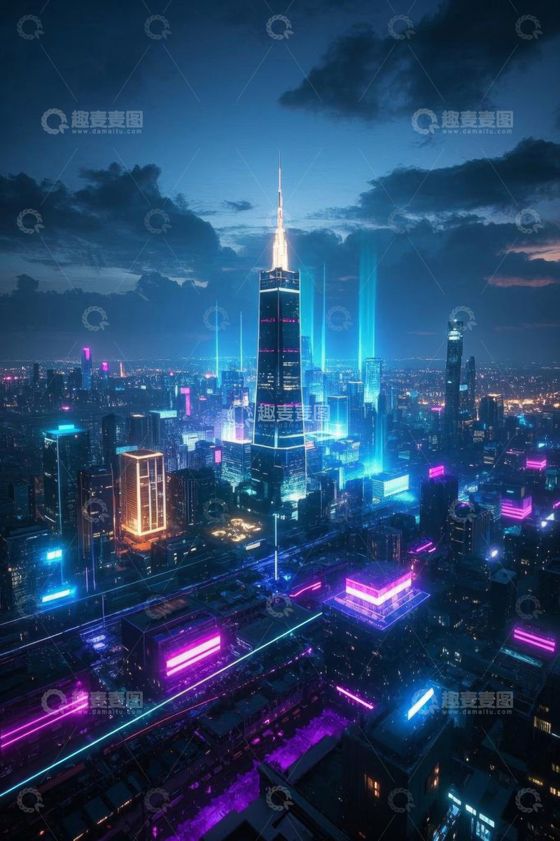 高清大图下载【趣麦麦图】赛博朋克风格城市夜景俯瞰