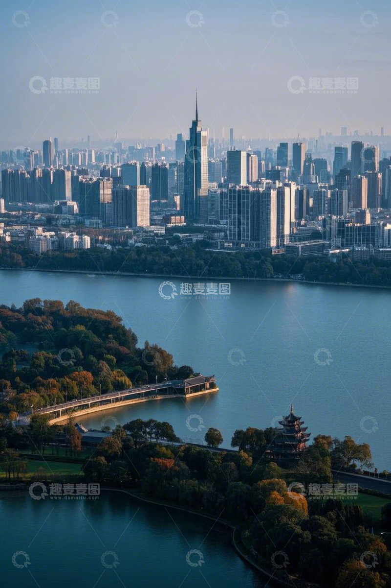 高清大图下载【趣麦麦图】城市湖畔风光航拍素材