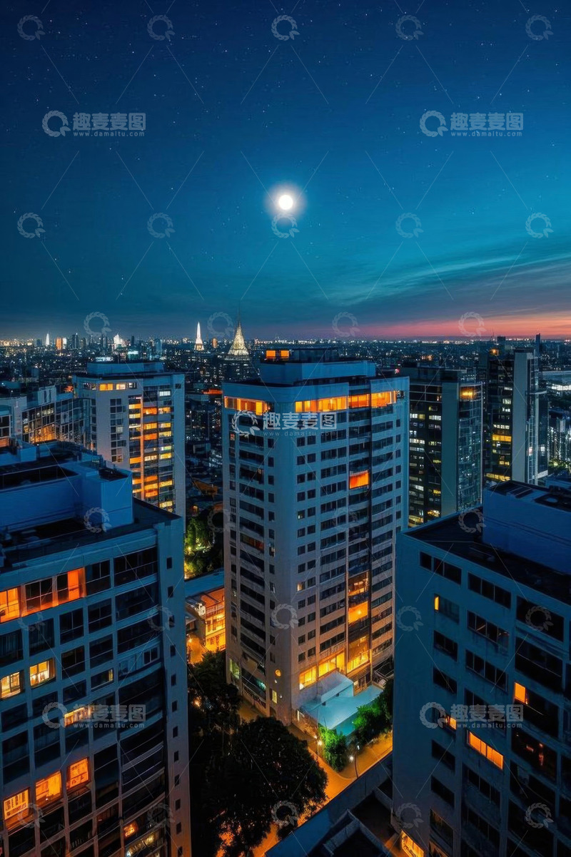 高清大图下载【趣麦麦图】城市高楼月夜俯瞰景观