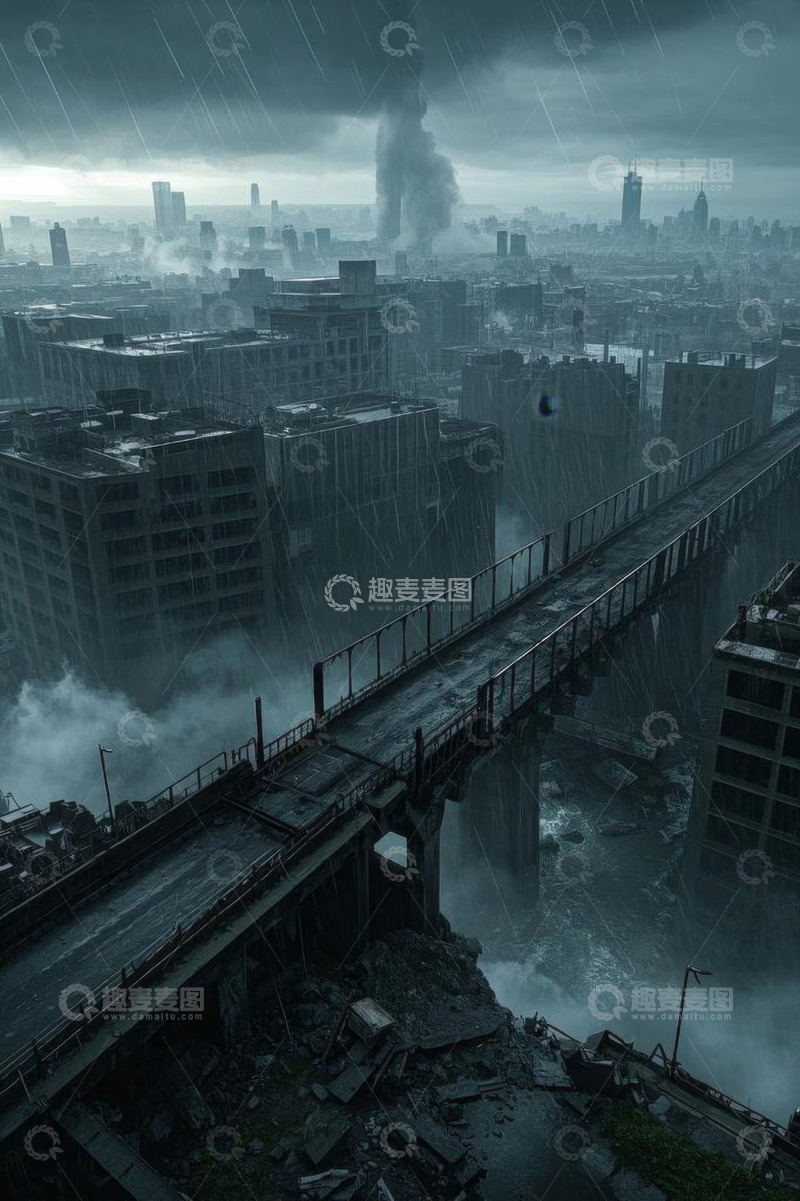 高清大图下载【趣麦麦图】暴雨中受损的城市高楼与桥梁