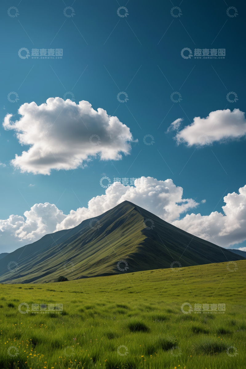 高清大图下载【趣麦麦图】蓝天白云下的青山绿草地