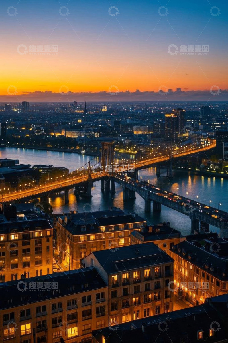 高清大图下载【趣麦麦图】黄昏时城市桥梁与建筑景观