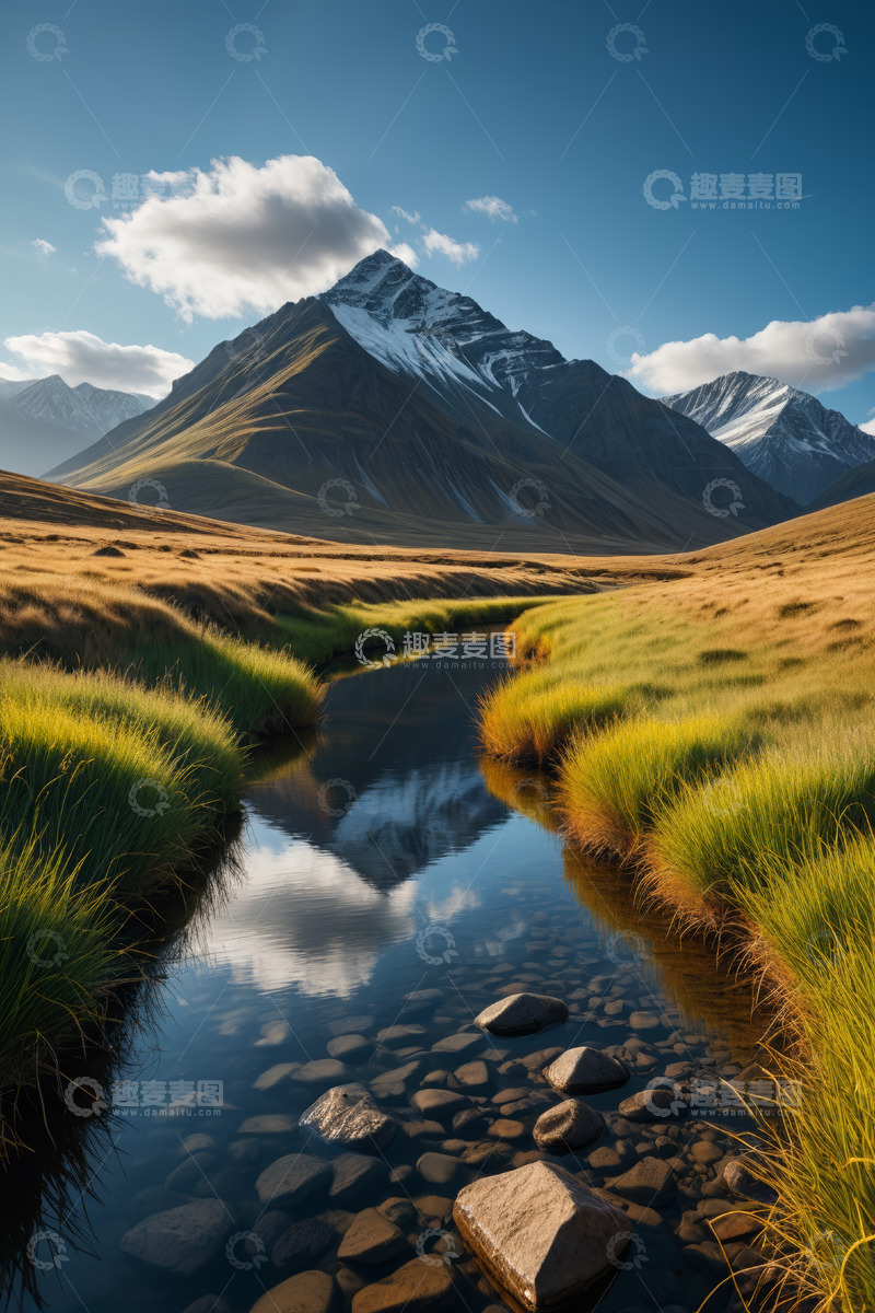 高清大图下载【趣麦麦图】山间溪流与草原雪山风景