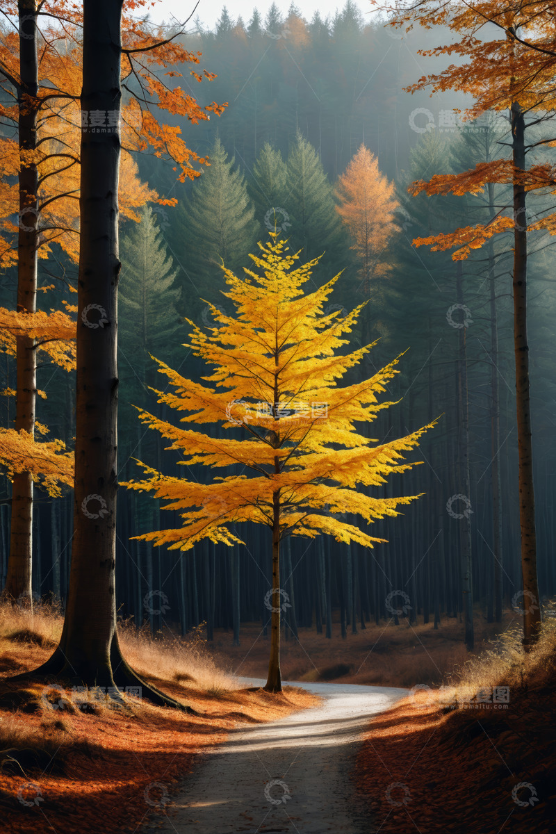 高清大图下载【趣麦麦图】秋日森林中的金黄树木与小路
