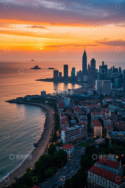 青岛海滨城市黄昏全景