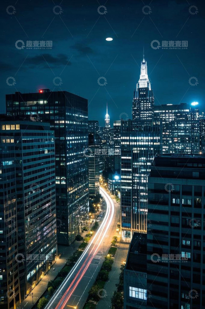 高清大图下载【趣麦麦图】城市夜景高楼与街道车流