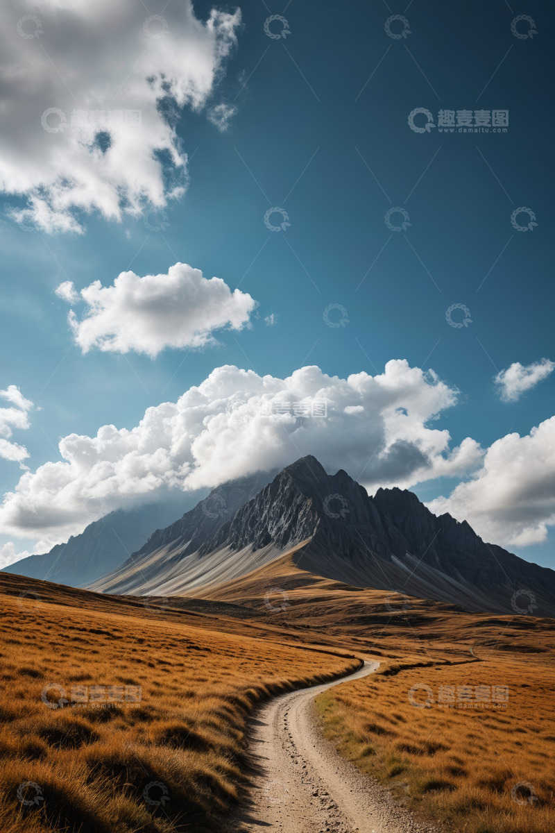 高清大图下载【趣麦麦图】山间草地小路与壮丽山峰景观