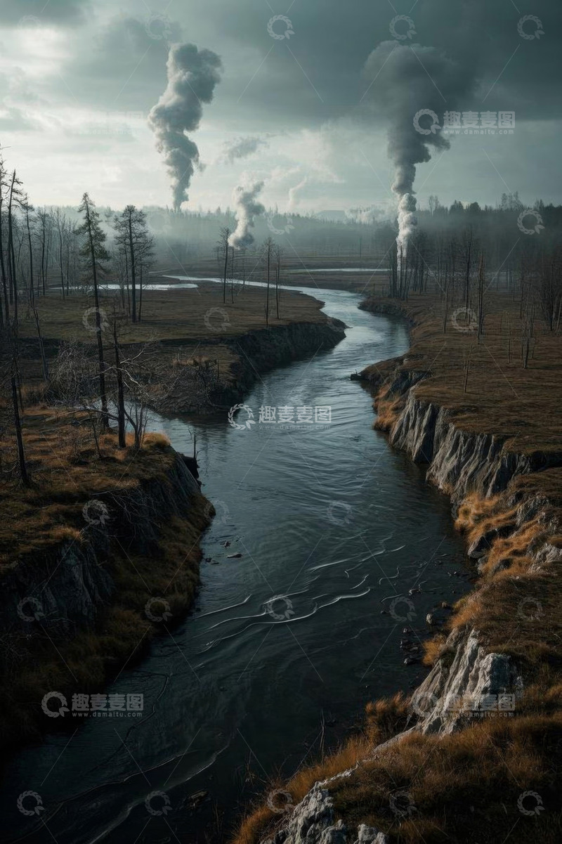 高清大图下载【趣麦麦图】河流旁森林与冒烟场景