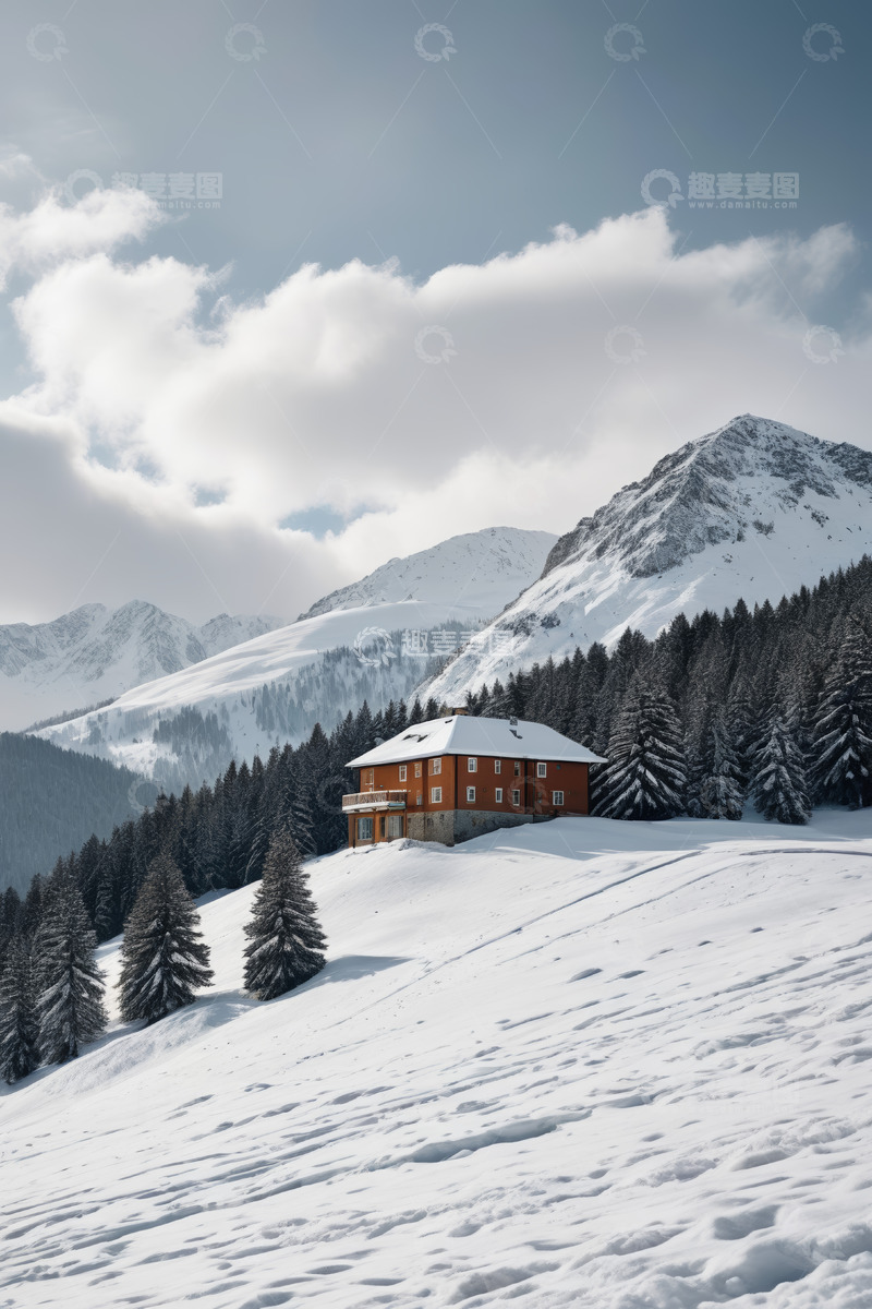高清大图下载【趣麦麦图】雪山下的森林小屋雪景