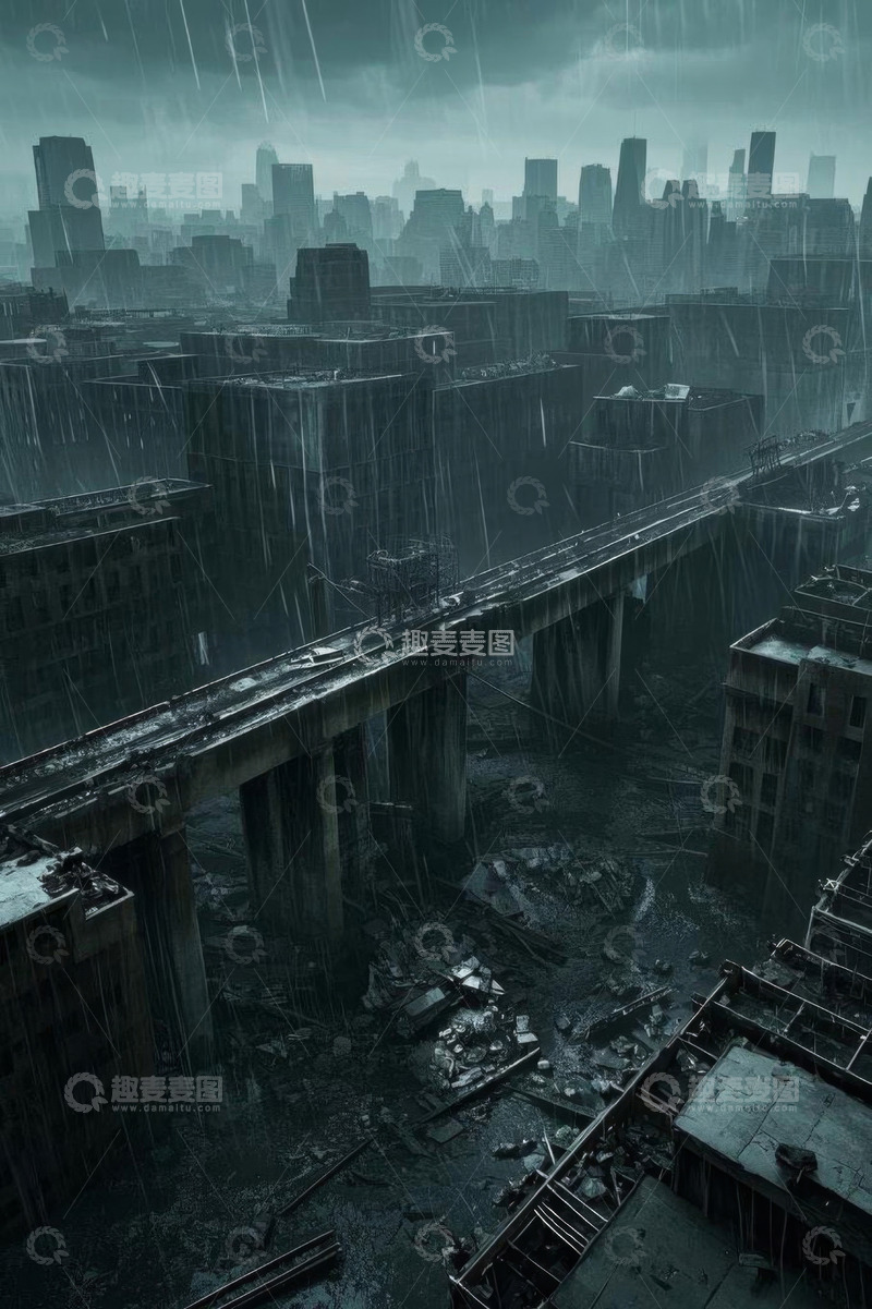 高清大图下载【趣麦麦图】雨中破败城市与高架桥景象