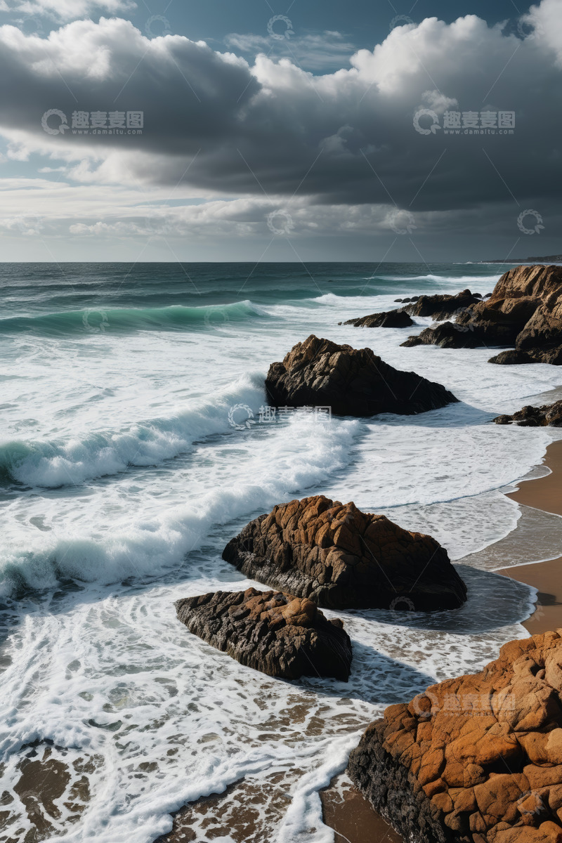 高清大图下载【趣麦麦图】海浪拍打岸边礁石的海岸风景