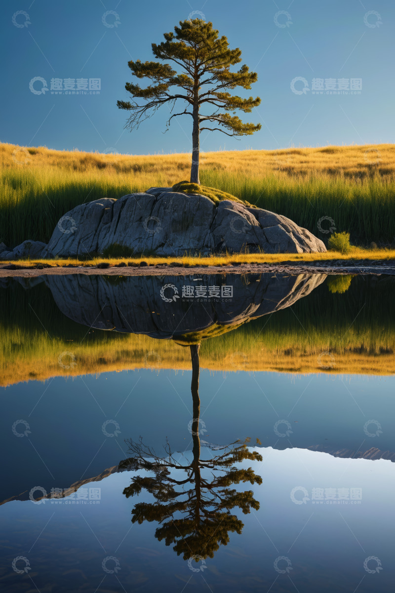 高清大图下载【趣麦麦图】孤树立于岩石上的自然景观