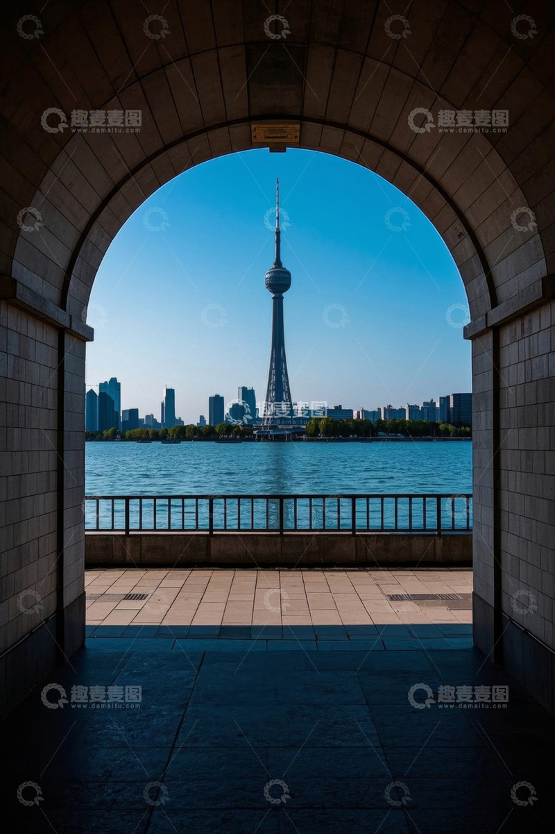 高清大图下载【趣麦麦图】拱形门洞眺望城市地标建筑