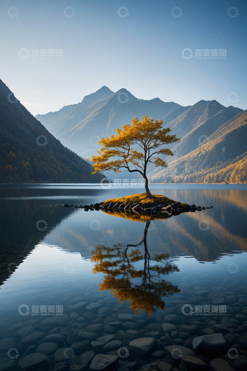 高清大图下载【趣麦麦图】湖心岛孤树山水风光
