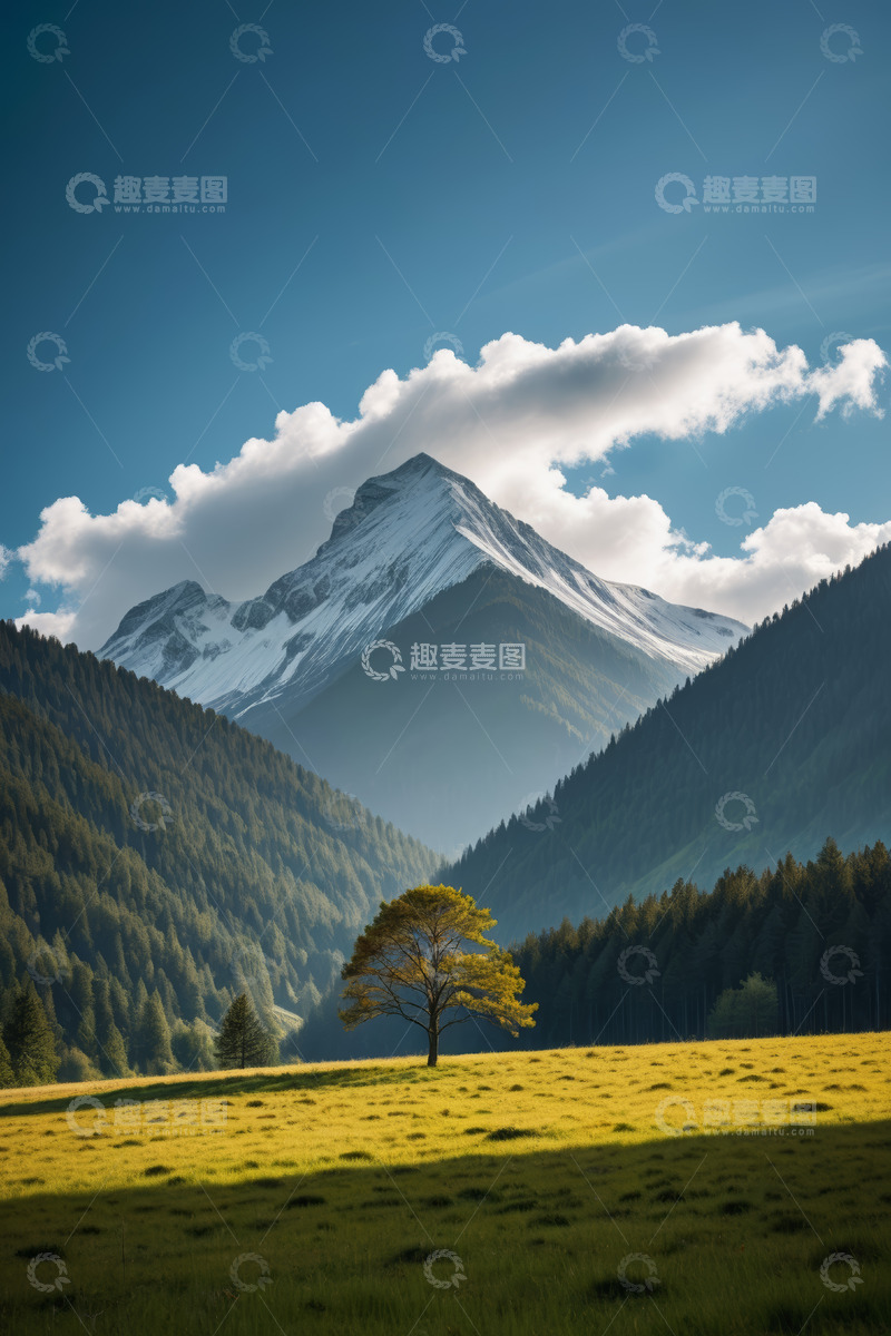 高清大图下载【趣麦麦图】雪山下的草原与孤树景观