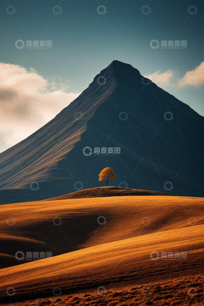高清大图下载【趣麦麦图】山丘上的孤树与远山景观