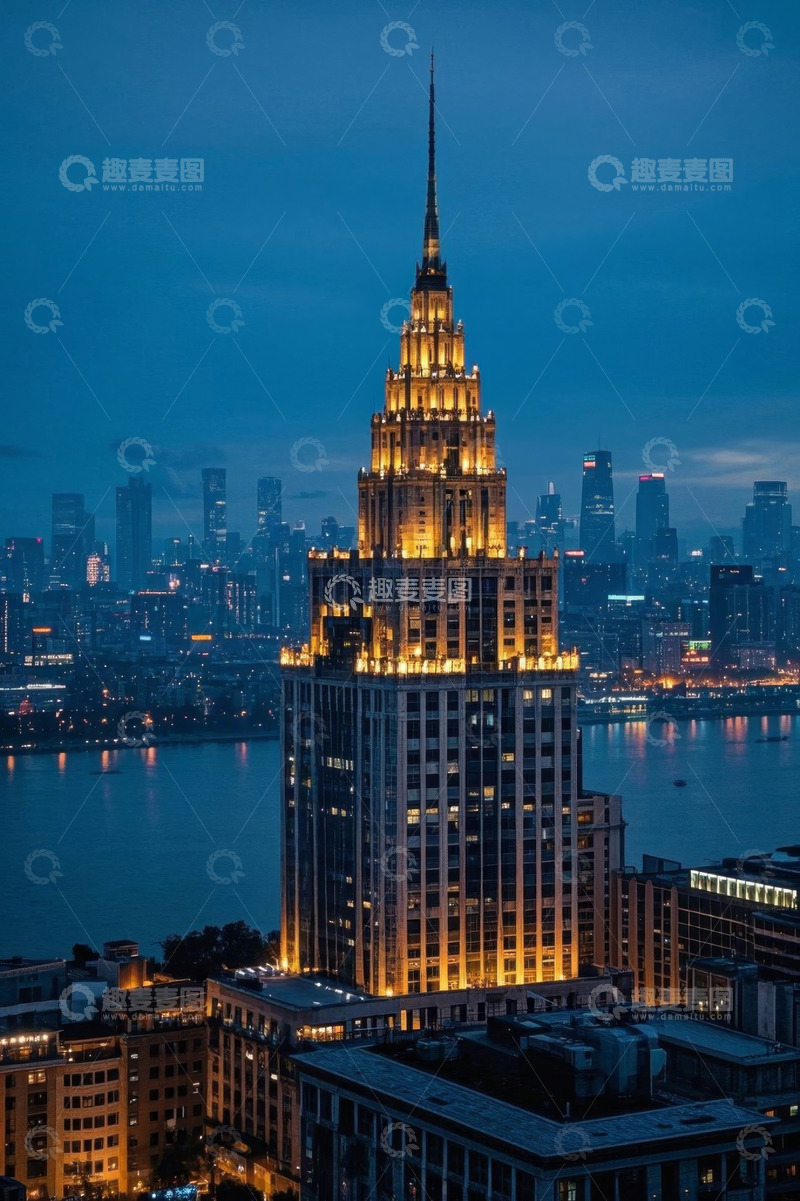 高清大图下载【趣麦麦图】城市夜景中高耸的摩天大楼