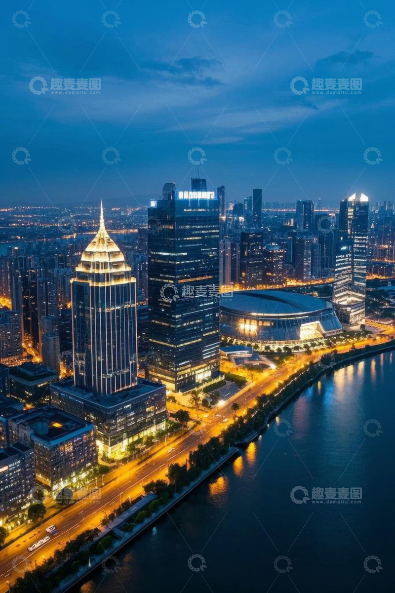 高清大图下载【趣麦麦图】城市河畔高楼夜景鸟瞰