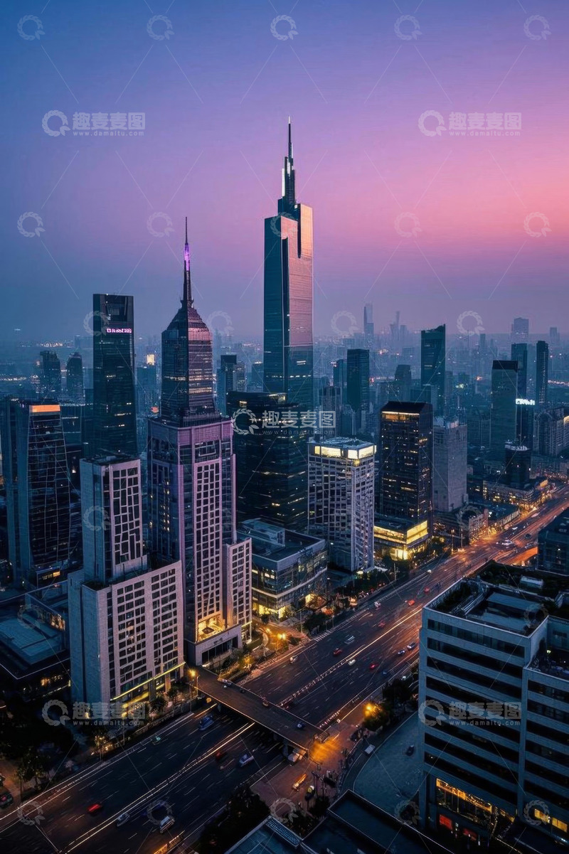 高清大图下载【趣麦麦图】南京城市高楼黄昏俯瞰景象