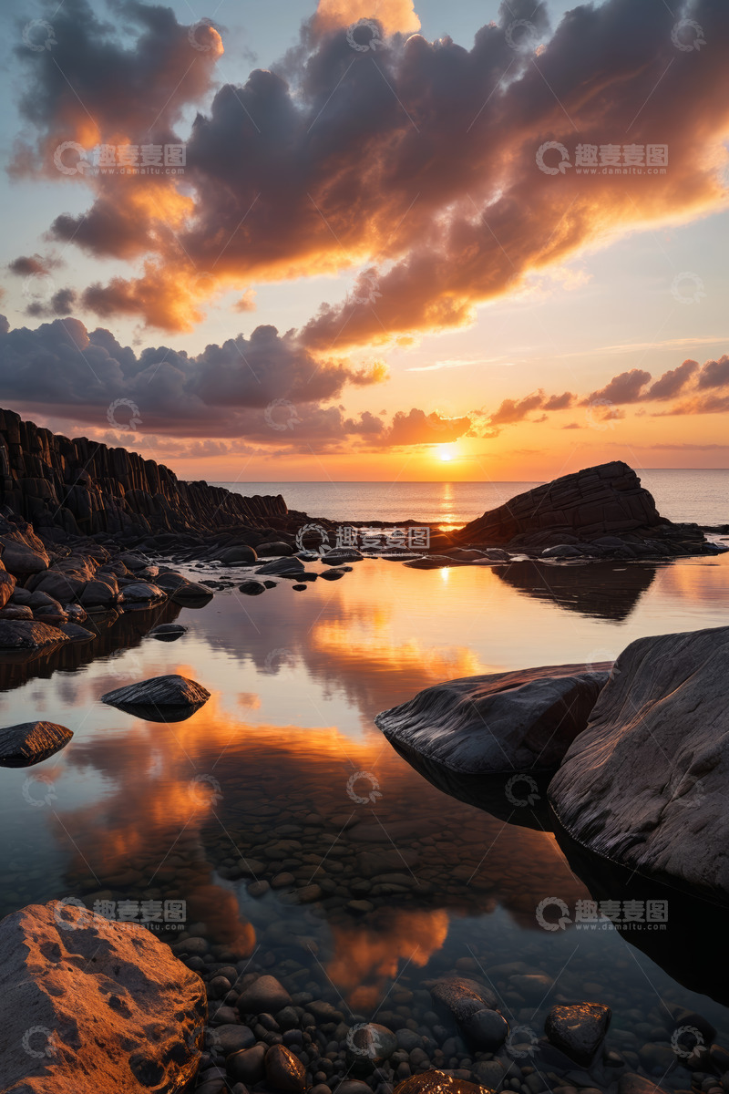 高清大图下载【趣麦麦图】海边日落时的岩石与水面景观