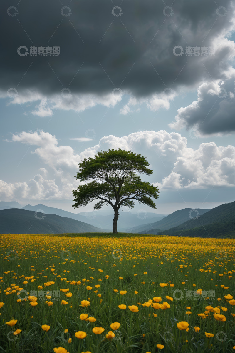 高清大图下载【趣麦麦图】花海中独立树木与多云天空景观