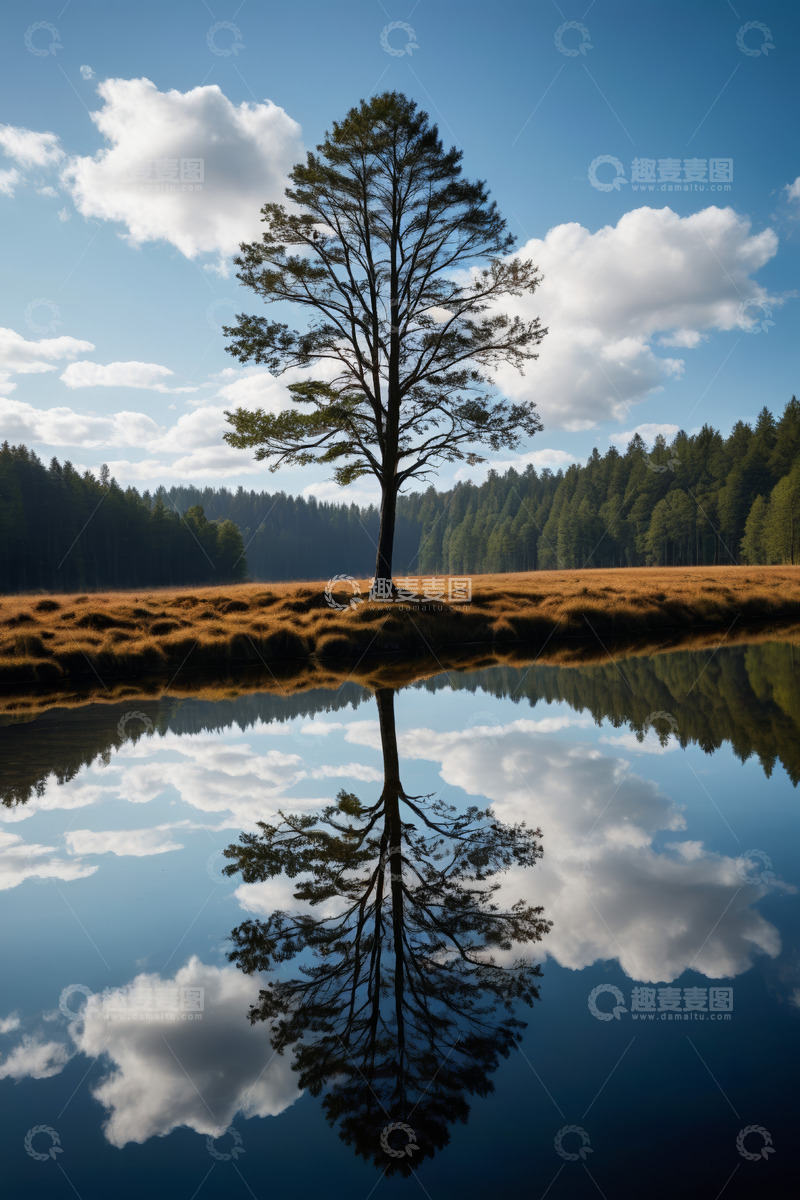 高清大图下载【趣麦麦图】湖边孤树与森林倒影风景
