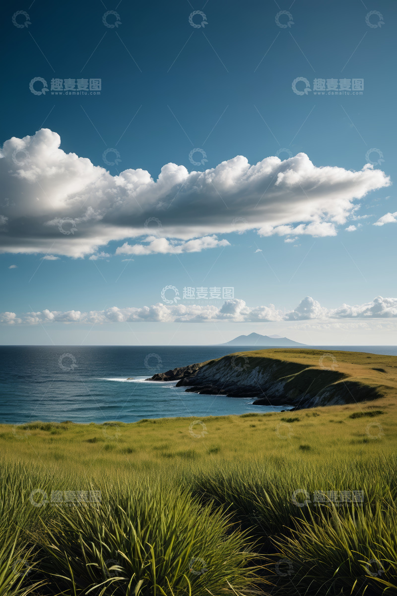高清大图下载【趣麦麦图】海边草地与远处山峦风景