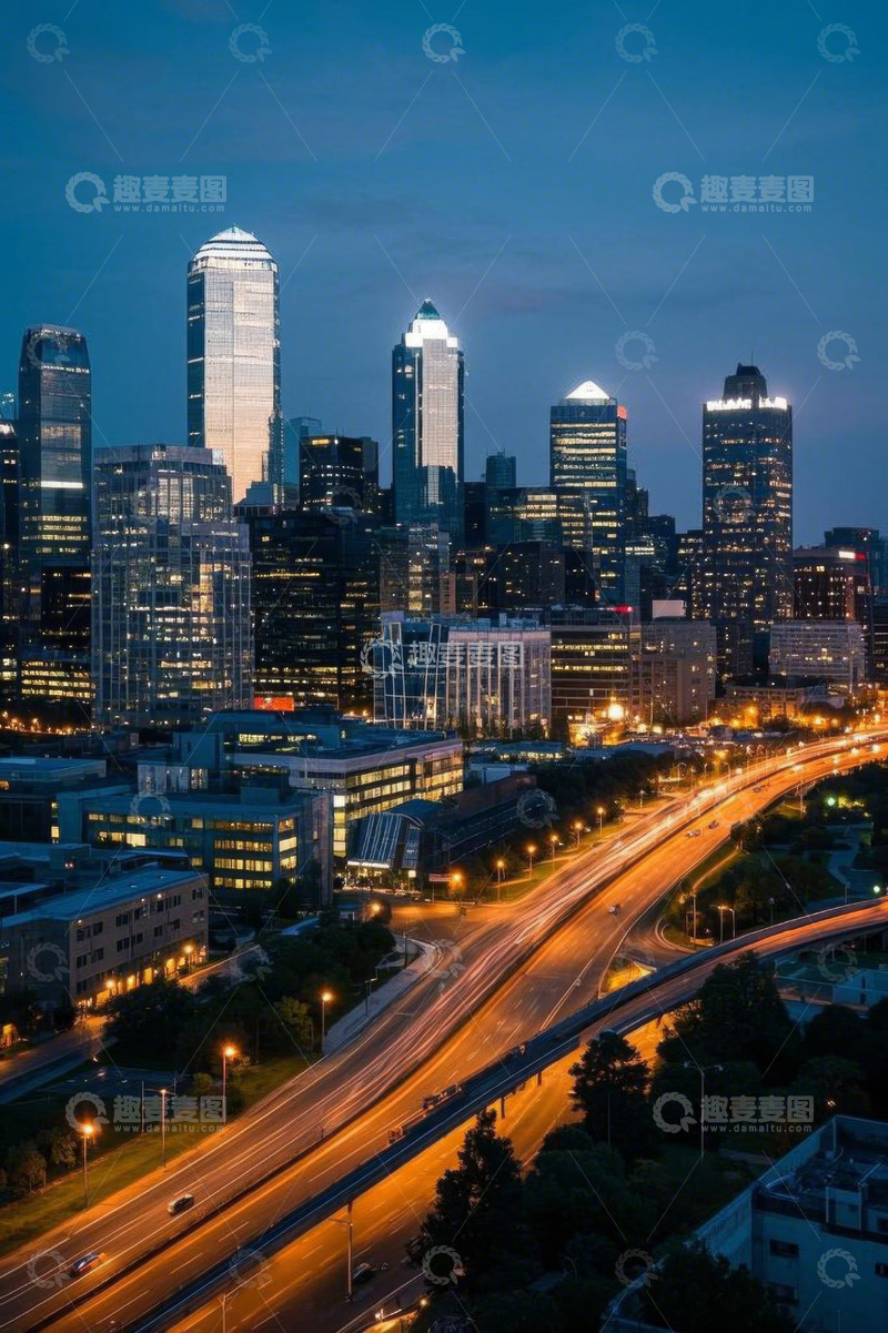 高清大图下载【趣麦麦图】城市高楼与公路夜景