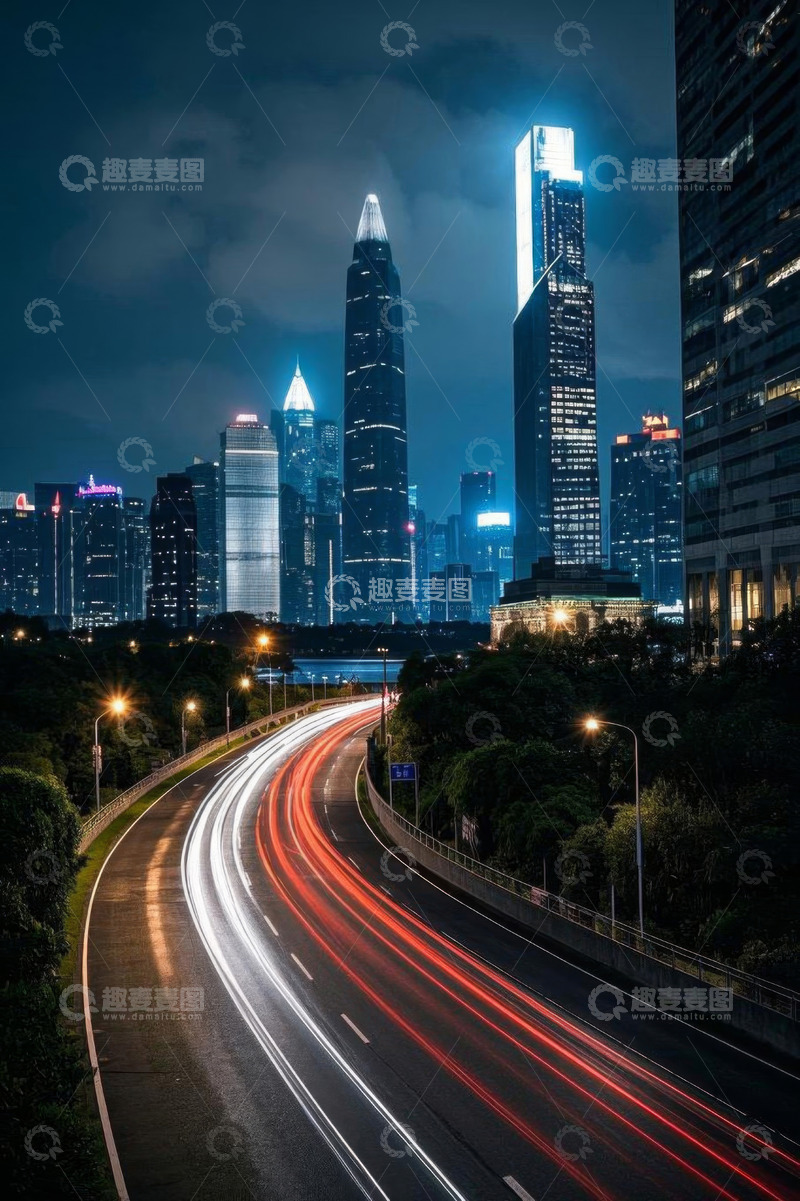 高清大图下载【趣麦麦图】城市夜晚道路与高楼景象