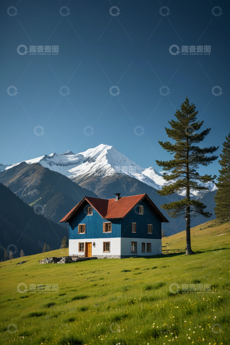 高清大图下载【趣麦麦图】山间蓝白小屋自然风光