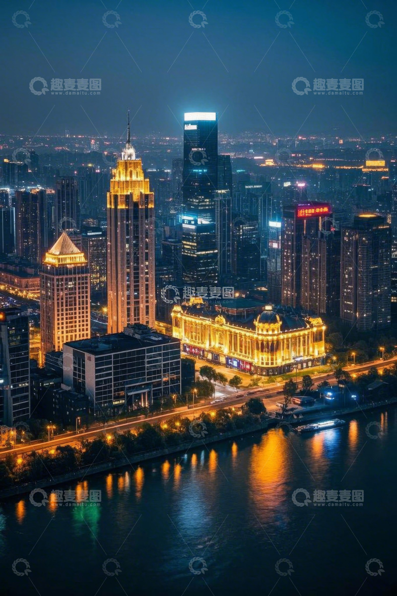 高清大图下载【趣麦麦图】城市夜景高楼与河畔风光