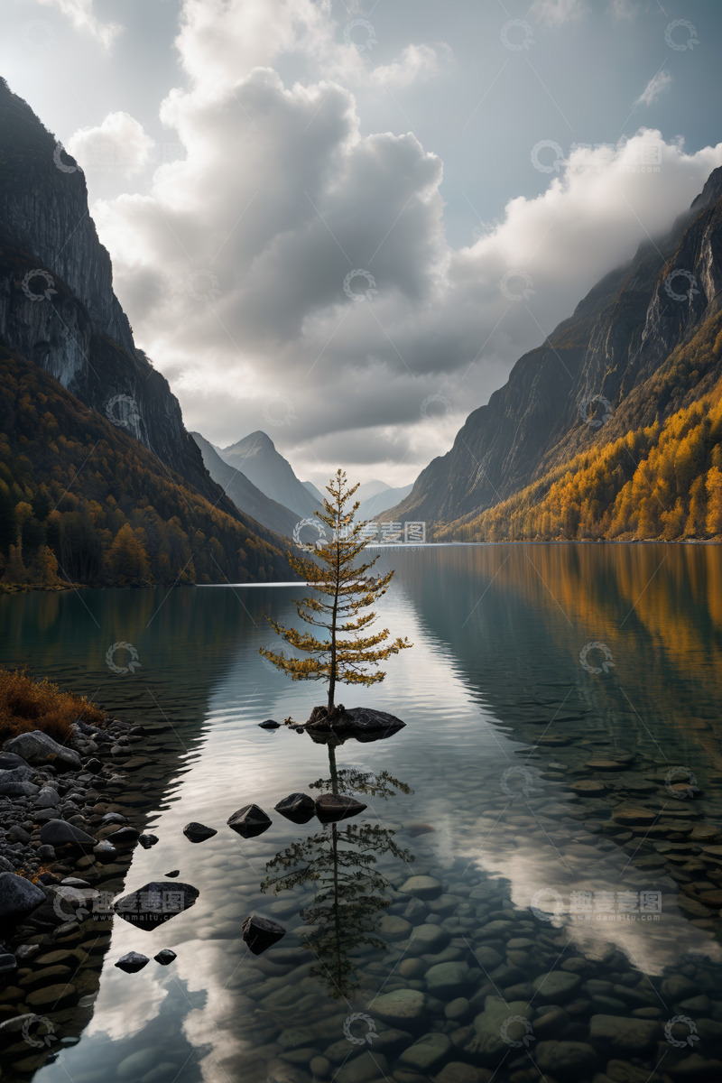 高清大图下载【趣麦麦图】山间湖泊孤树自然风光