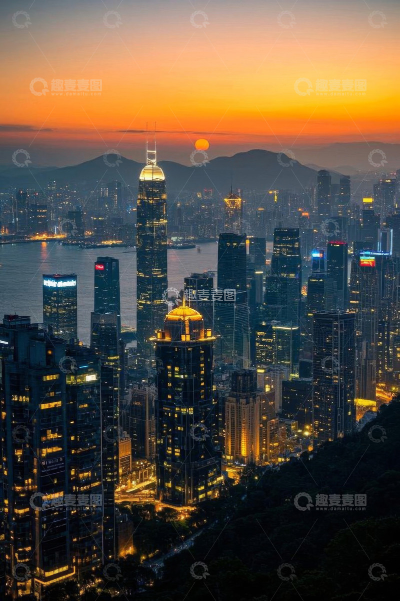 高清大图下载【趣麦麦图】香港城市黄昏天际线景观