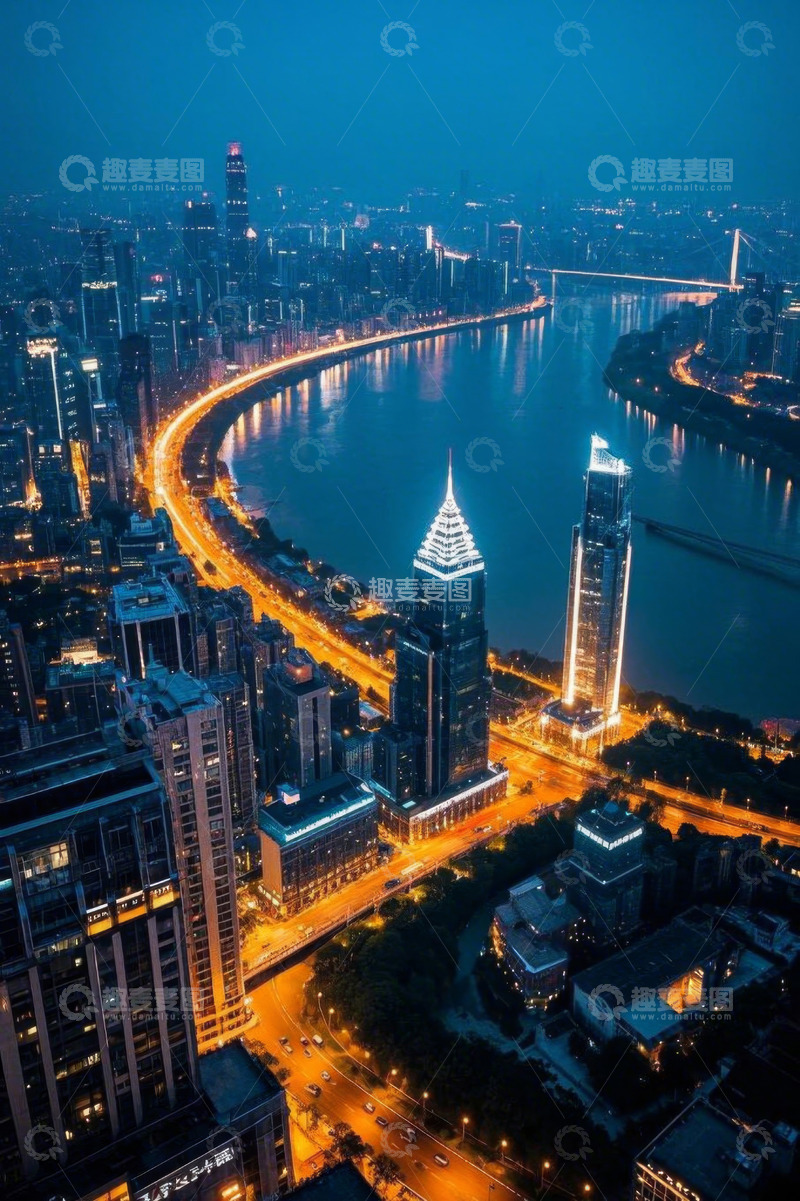 高清大图下载【趣麦麦图】城市夜景航拍俯瞰高楼与河流